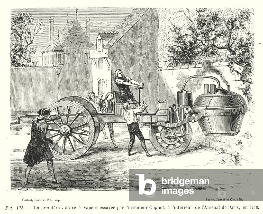La premiere voiture a vapeur essayee par l'inventeur Cugnot, a l'interieur de l'Arsenal de Paris, en 1770 (engraving)