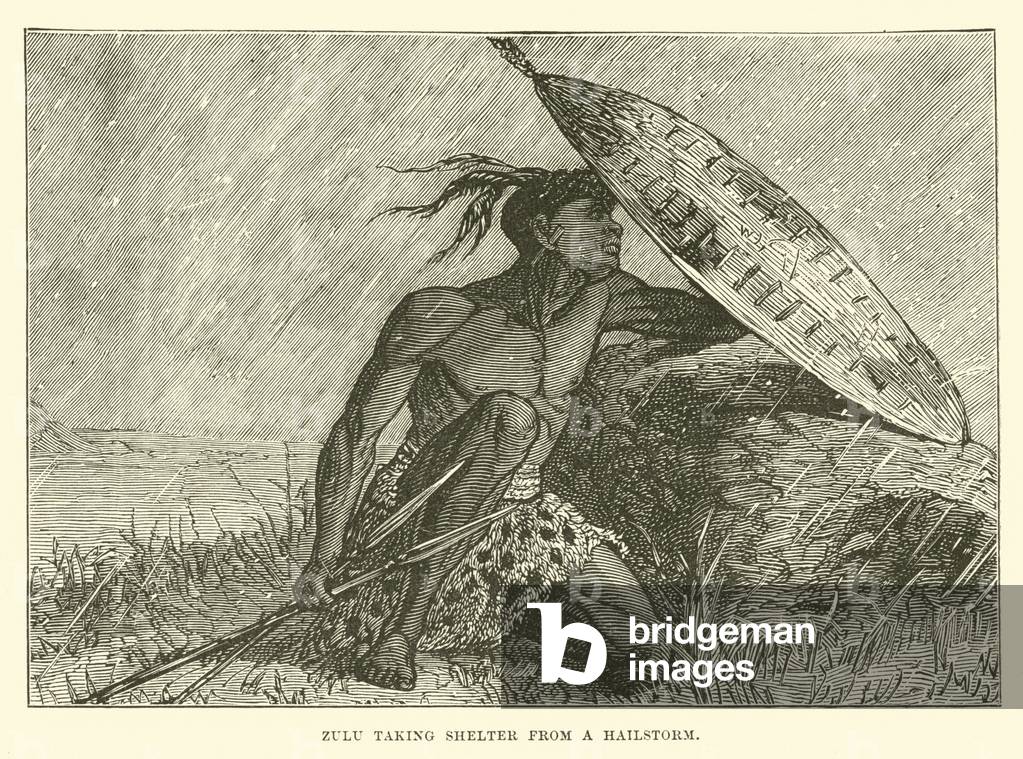 Zulu taking shelter from a hailstorm (engraving)