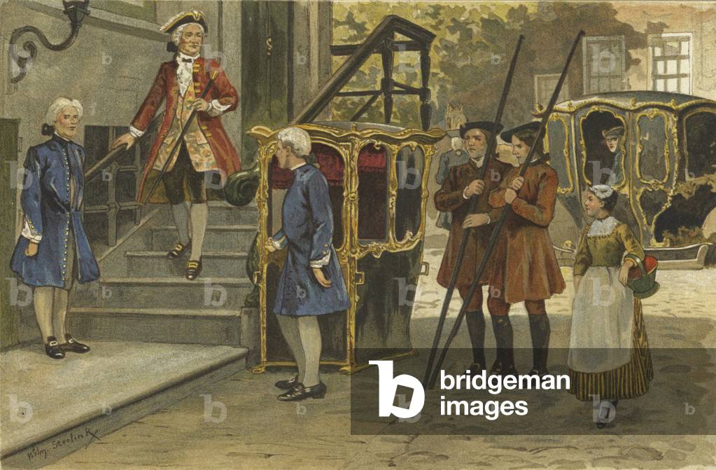 Sedan chair and sleigh, Netherlands, mid 18th Century (colour litho)
