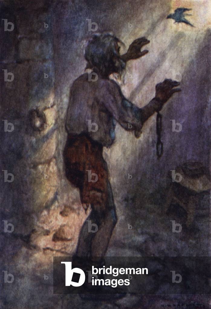Lord Byron, The Prisoner Of Chillon, and the bird (colour litho)