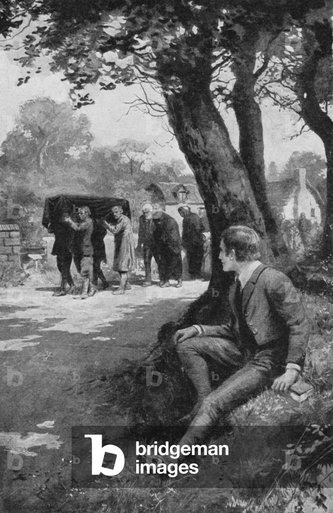 The young Lord Shaftesbury witnessing a paupers funeral, while a boy at Harrow (litho)