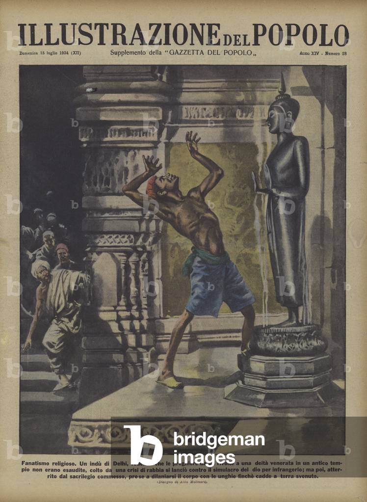 A Hindu religious fanatic in a temple in Delhi (colour litho)