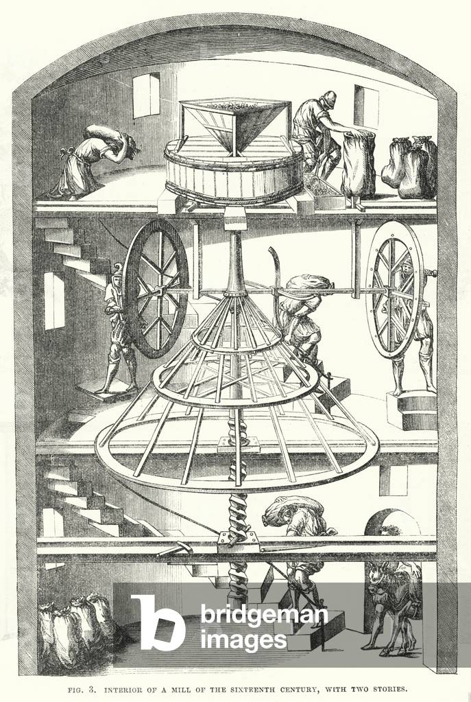 Interior of a mill of the sixteenth century, with two stories (engraving)