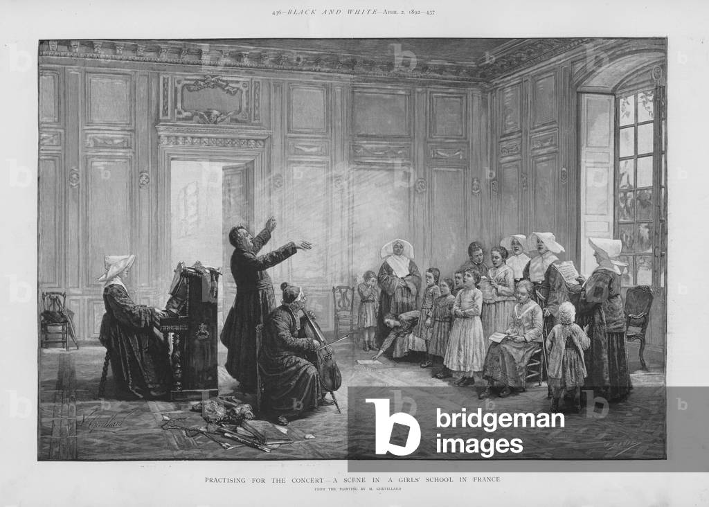 Practicing for the Concert - a Scene in a Girls' School in France (litho)