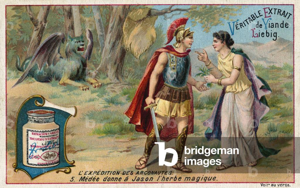 Medea gives Jason the magic potion, c. 19th century (chromolitho)