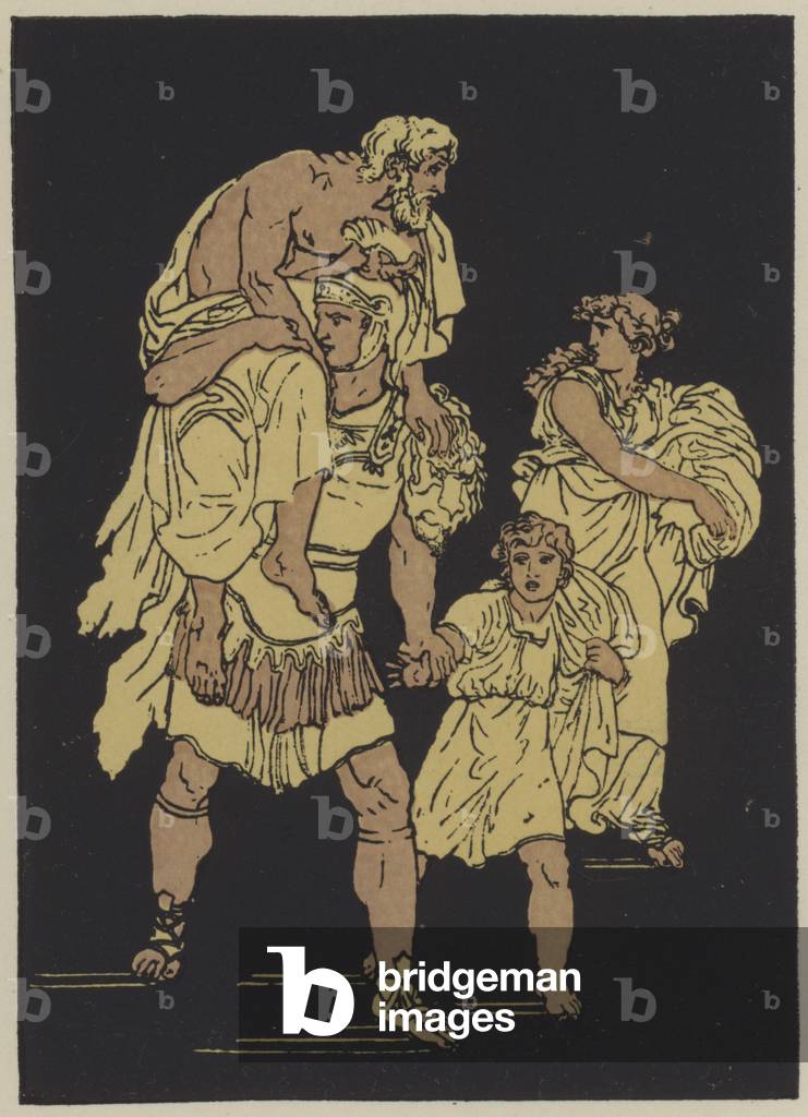 The flight from Troy (colour litho)