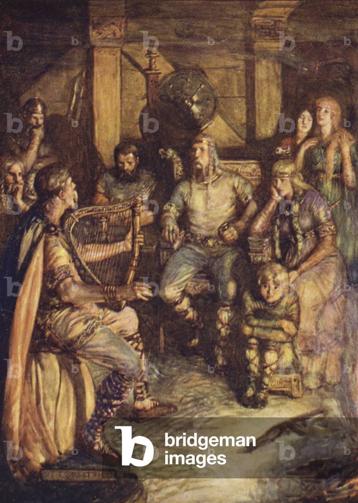 The gleeman sings the deeds of Beowulf (colour litho)
