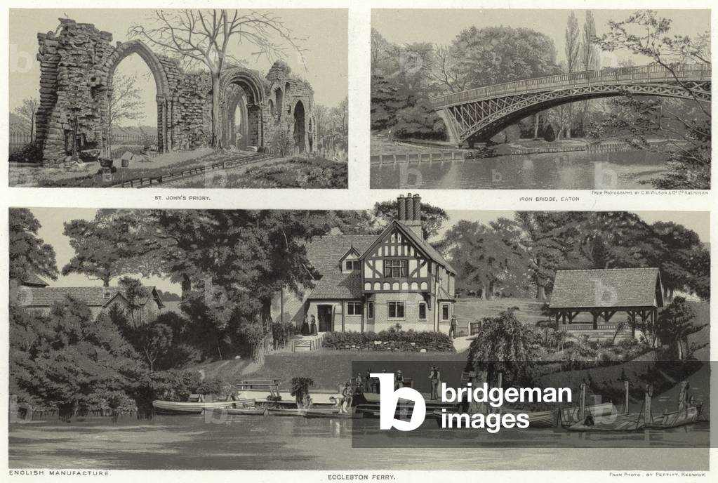 Chester: St John's Priory; Iron Bridge, Eaton; Eccleston Ferry (litho)