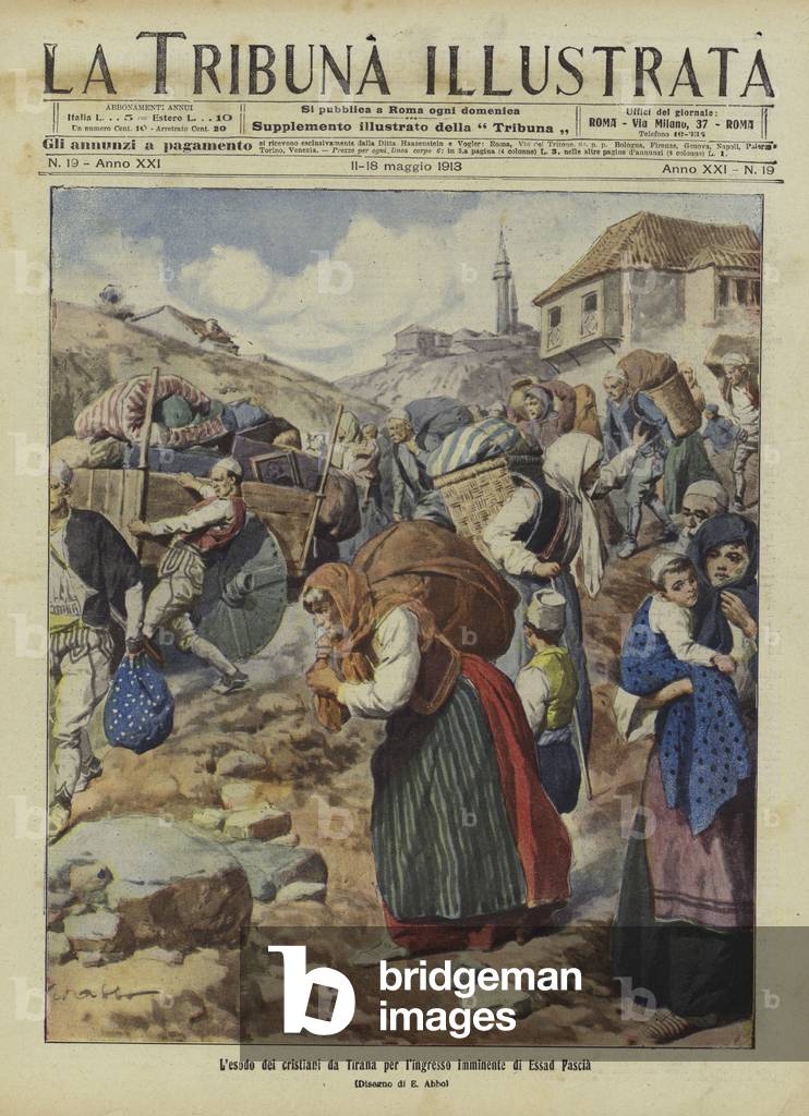 Exodus of Christians from Tirana before the imminent arrival of Essad Pasha, First Balkan War (colour litho)