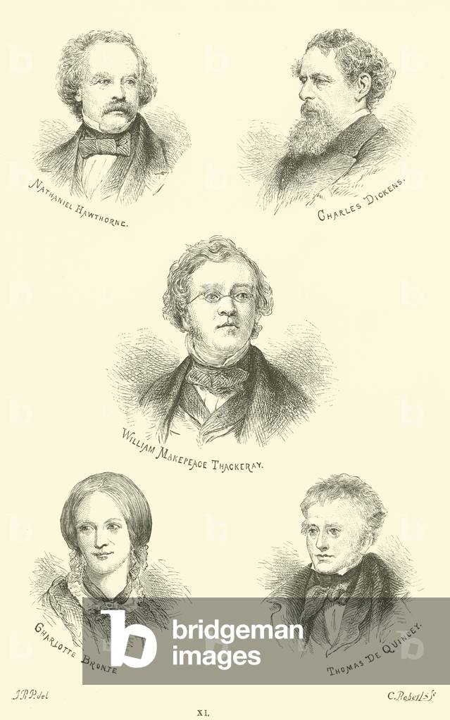 Nathaniel Hawthorne, Charles Dickens, William Makepeace Thackeray, Charlotte Bronte, Thomas De Quincey (engraving)