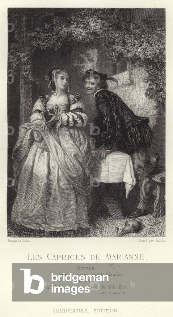 Scene from Les Caprices de Marianne, a play by Alfred de Musset (engraving)