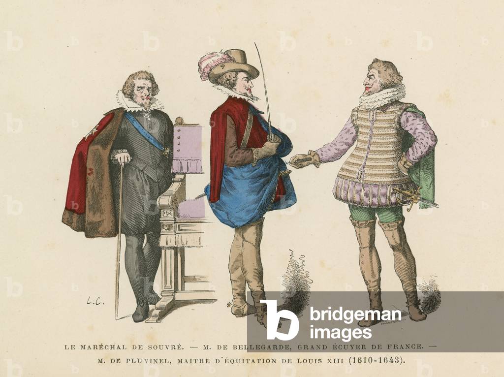 French men's costumes, 17th Century (coloured engraving)