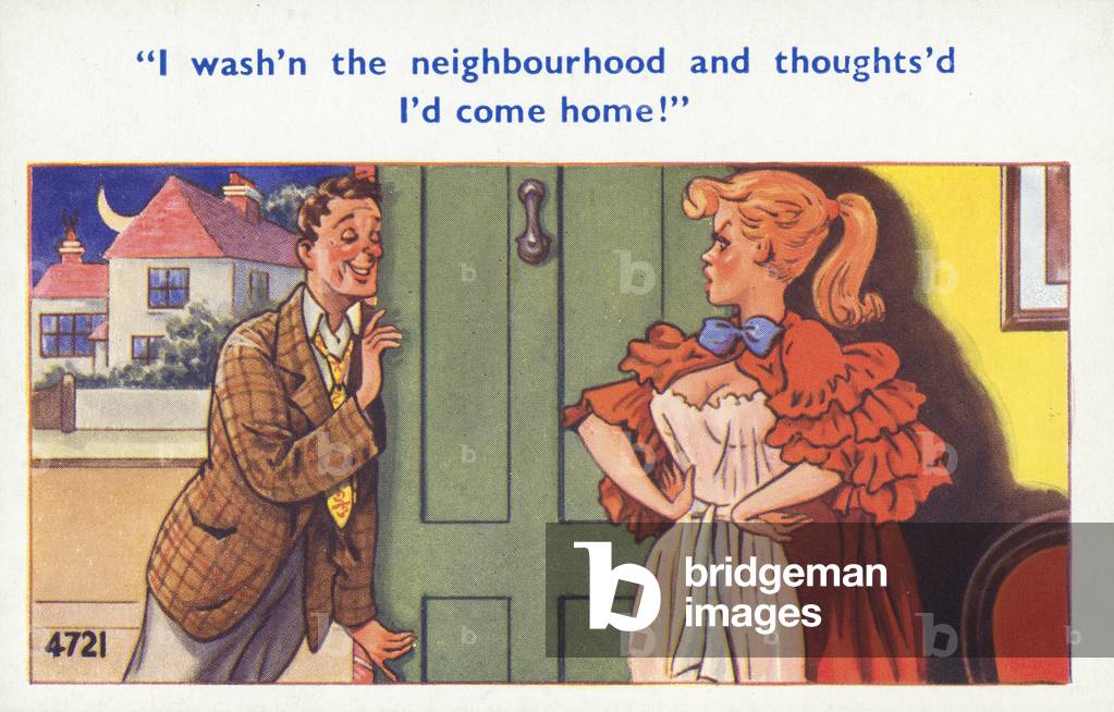 Drunk husband coming home to his wife late at night (colour litho)