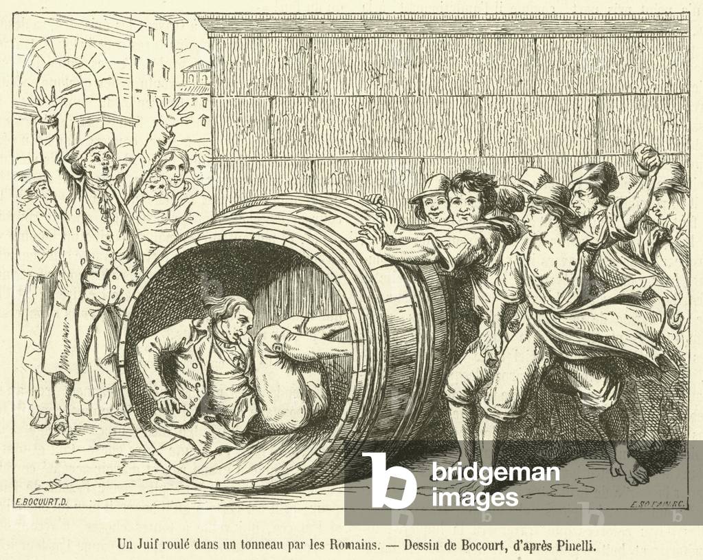 Un Juif roule dans un tonneau par les Romains (engraving)