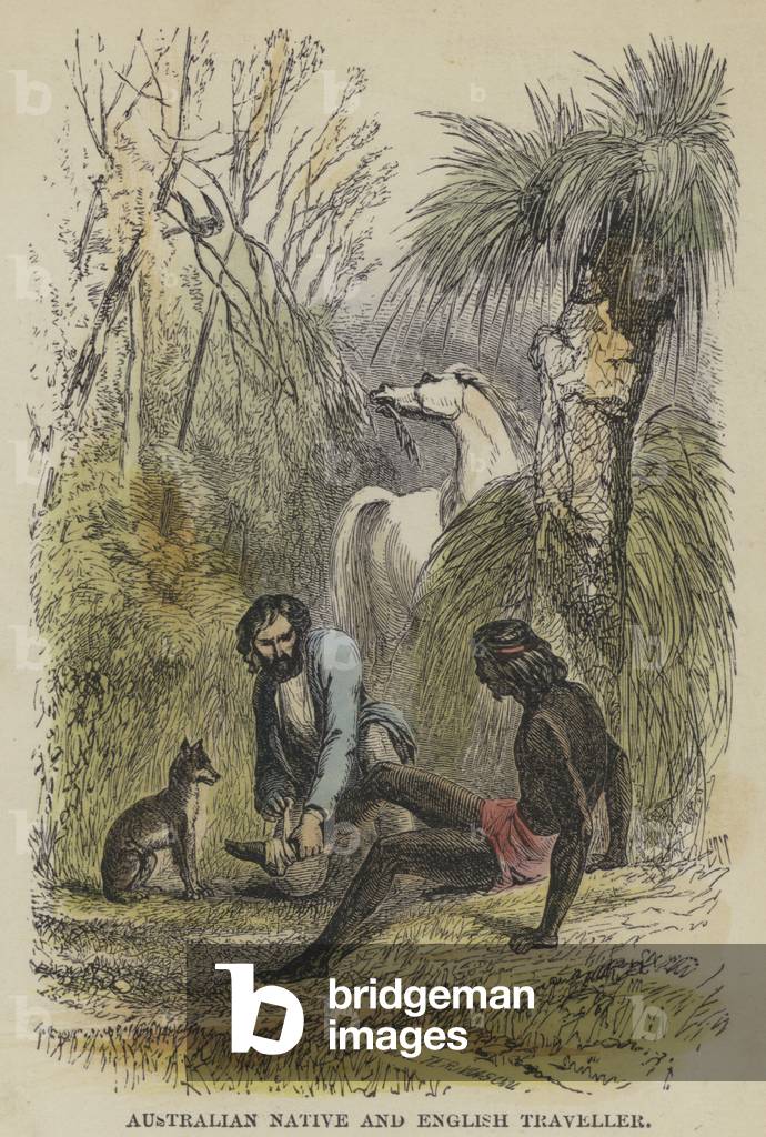 Australian Native and English Traveller (coloured engraving)