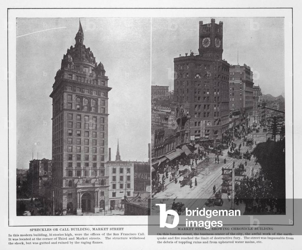 San Francisco: Spreckles or Call Building, Market Street; Market Street, showing Chronicle Building (b/w photo)