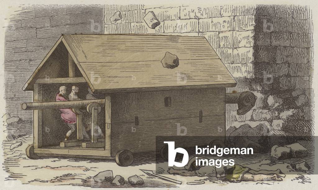 Roman battering ram (coloured engraving)