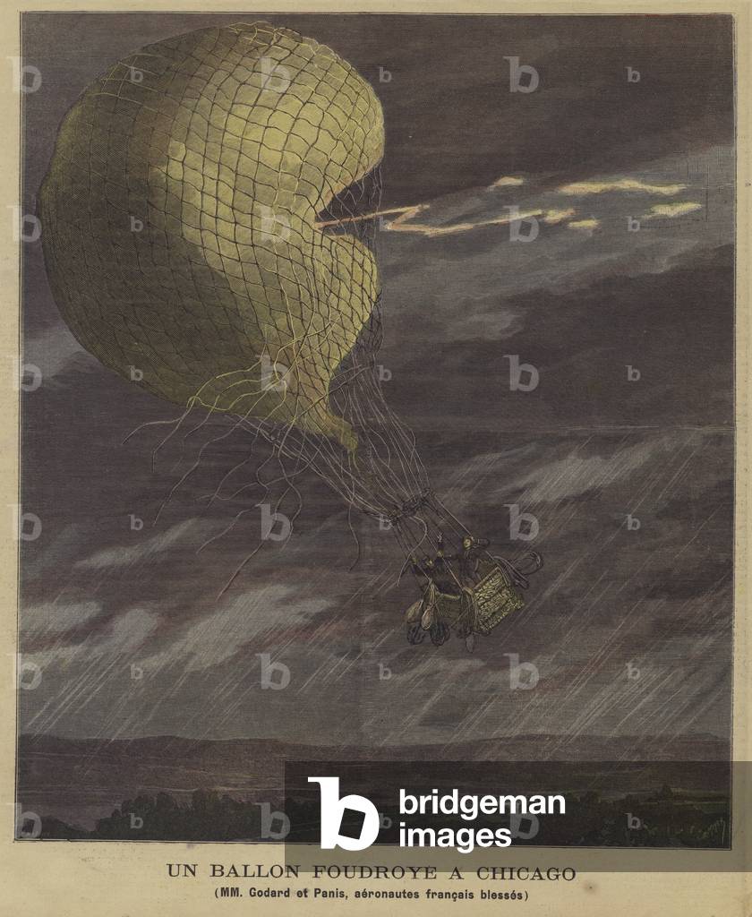 A balloon struck by lightning over Chicago (colour litho)