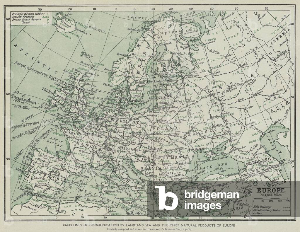 Main lines of communication by land and sea and the chief natural products of Europe (litho)