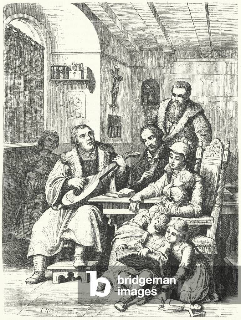 Martin Luther at home with his family, 16th Century (engraving)