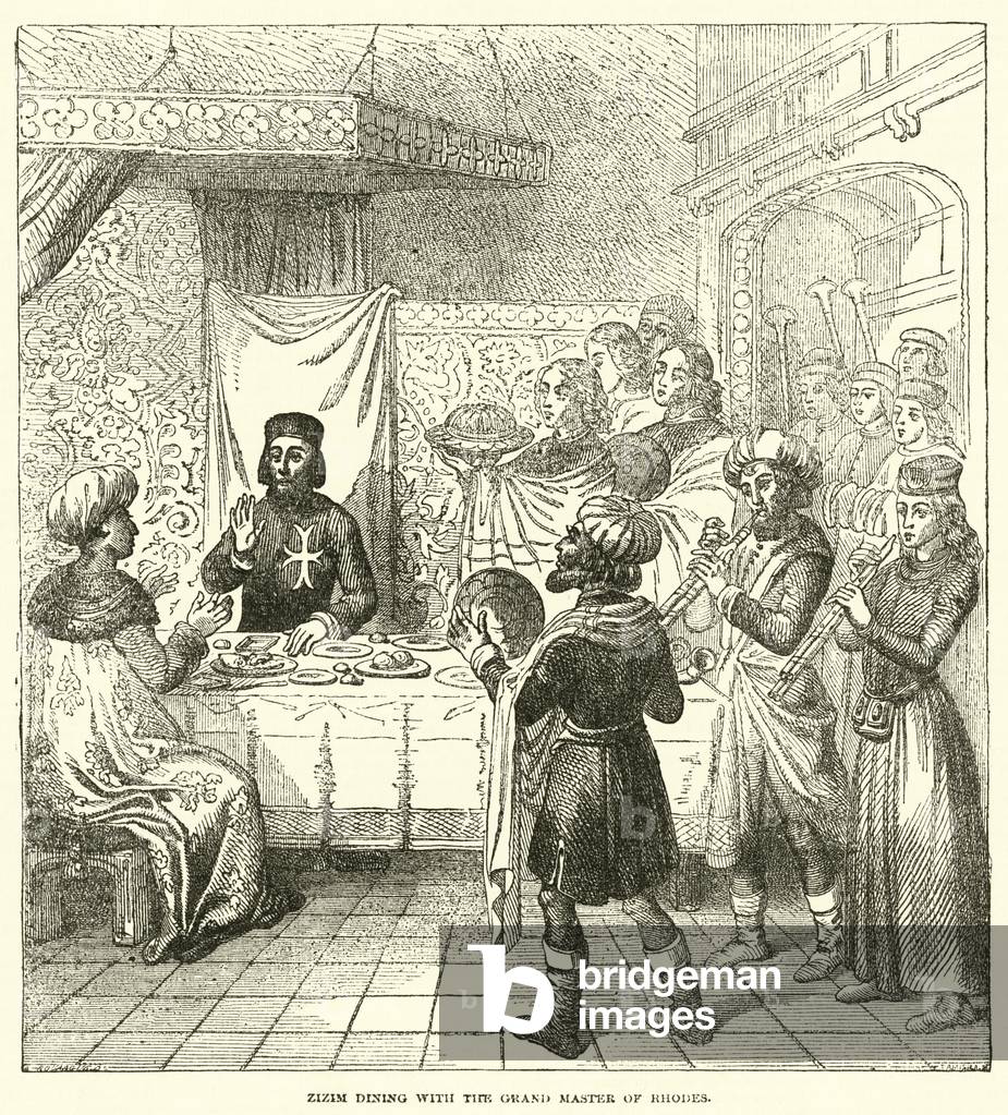 Zizim dining with the Grand Master of Rhodes (engraving)
