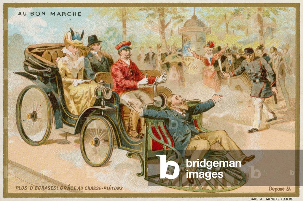 Car with a pedestrian equivalent of a cow catcher (chromolitho)