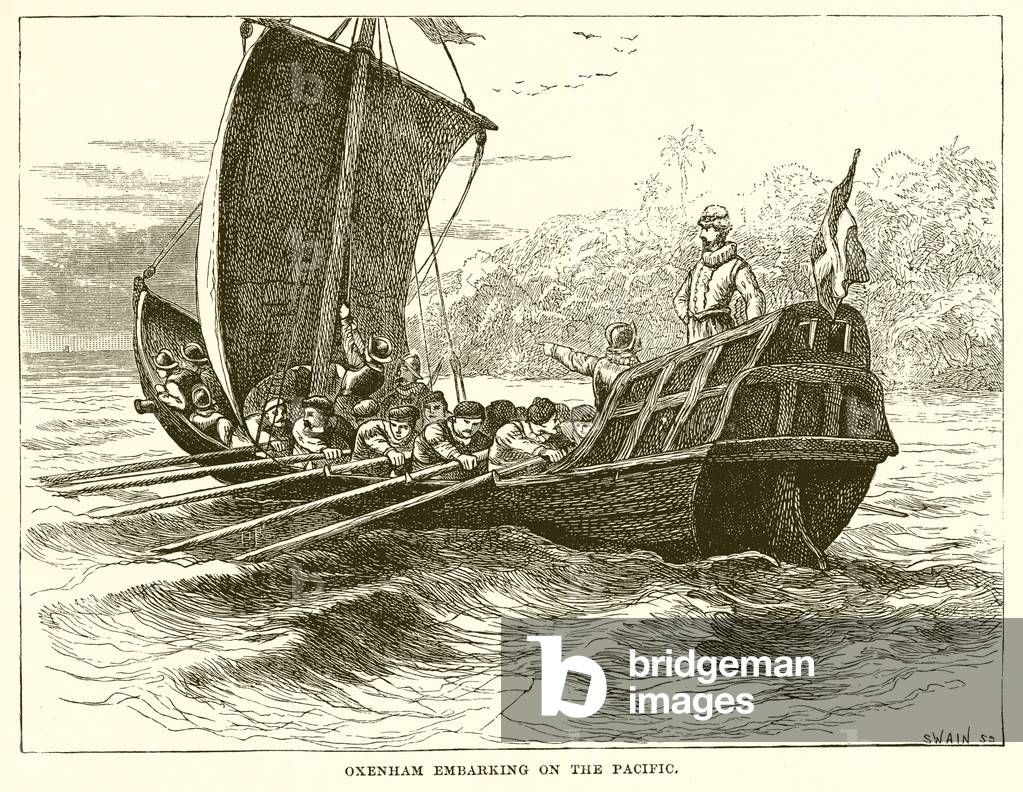 Oxenham Embarking on the Pacific (engraving)