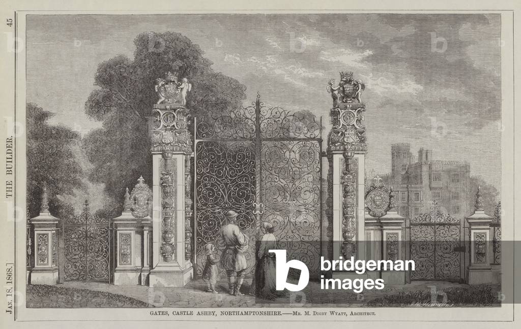 Gates, Castle Ashby, Northamptonshire, Mr M Digby Wyatt, Architect (engraving)