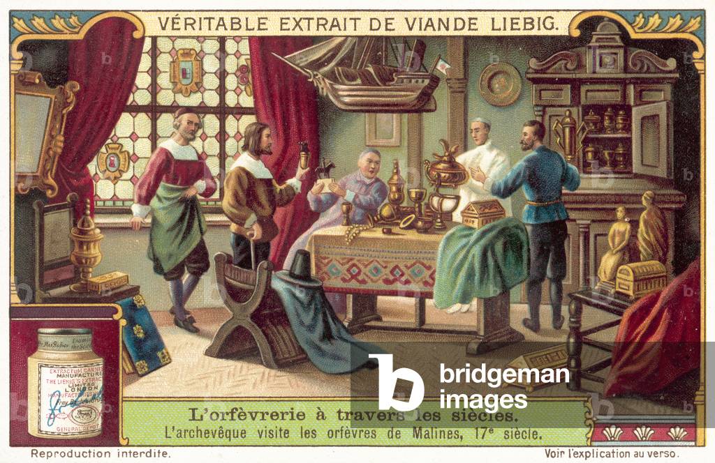 The Archbishop visiting the goldsmiths of Mechelen (Malines), 17th Century (chromolitho)
