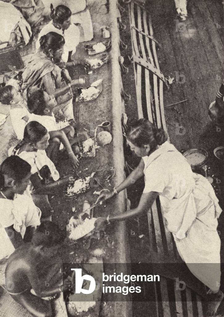 Indian tea pickers' catering arrangements as they journey between Ceylon (Sri Lanka) and Java for work (b/w photo)