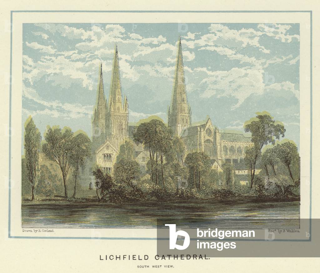 Lichfield Cathedral, south west view (colour litho)