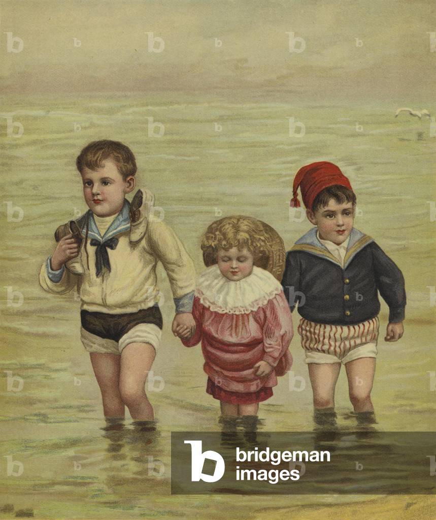 Children paddling at the beach (chromolitho)