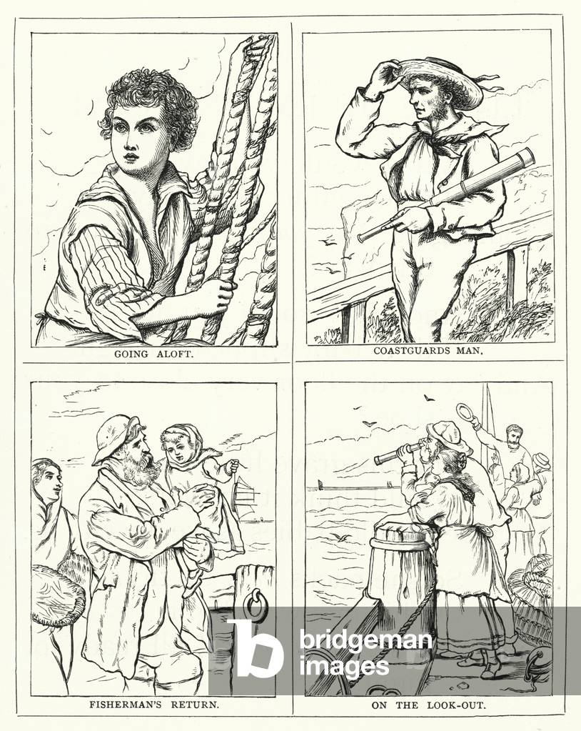 Going aloft, Coastguards man, Fisherman's return, On the look-out (engraving)