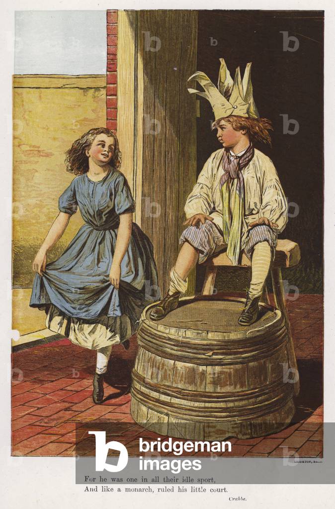 Girl curtseying to a boy playing at being a king (coloured engraving)