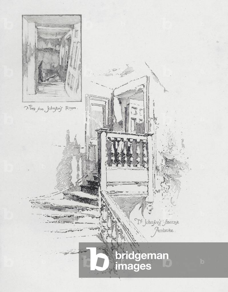 English writer Samuel Johnson's room and staircase, Pembroke College, Oxford (litho)