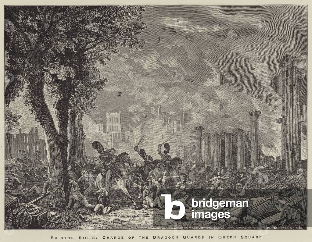 Bristol Riots, Charge of the Dragoon Guards in Queen Square (engraving)