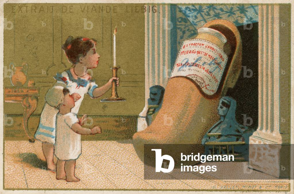 Children examining shoe containing Liebig extract (chromolitho)