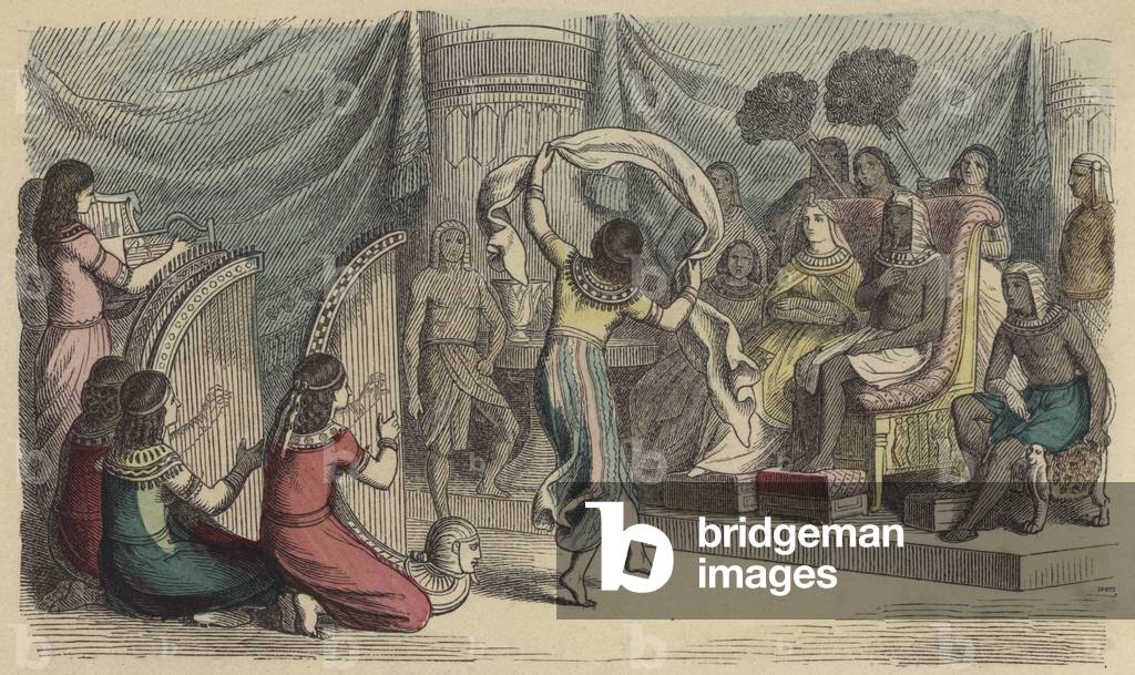 Musicians and dancers performing before the Pharaoh in Ancient Egypt (coloured engraving)