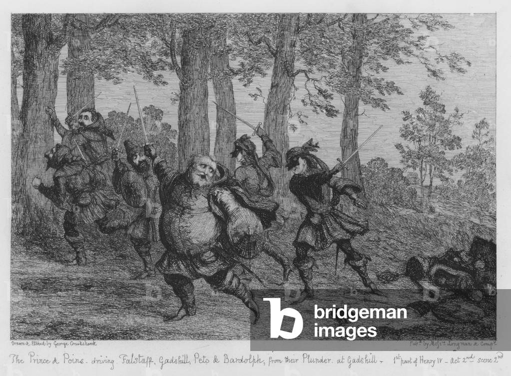 The Prince and Poins driving Falstaff, Gadshill, Peto and Bardolph, from their Plunder at Gadshill (engraving)