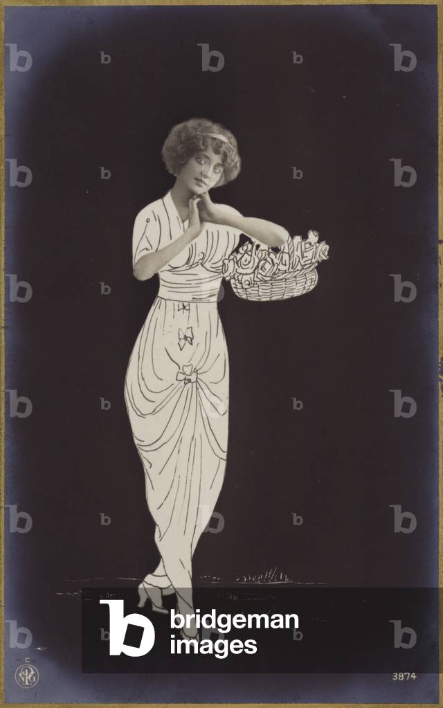 A young woman carrying a basket of flowers (photocollage)