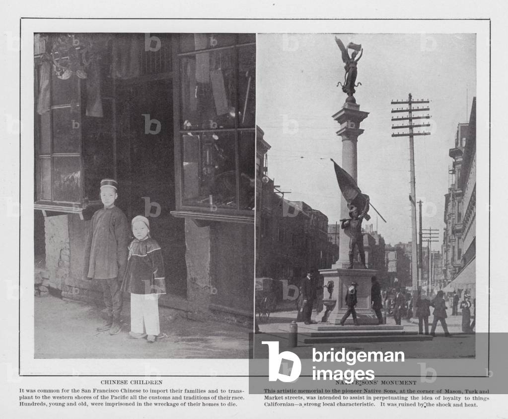 San Francisco: Chinese Children; Native Sons' Monument (b/w photo)