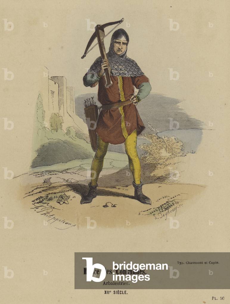 Milice des Communes, Arbalestrier, XIIe Siecle (coloured engraving)