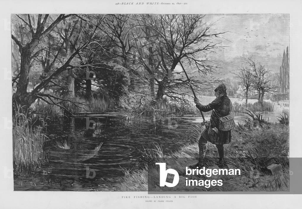 Pike fisherman landing a big fish (litho)