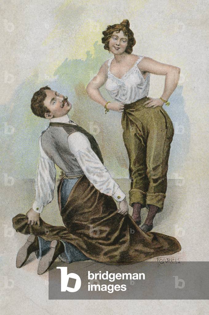 Man kneeling before a woman wearing trousers (colour litho)