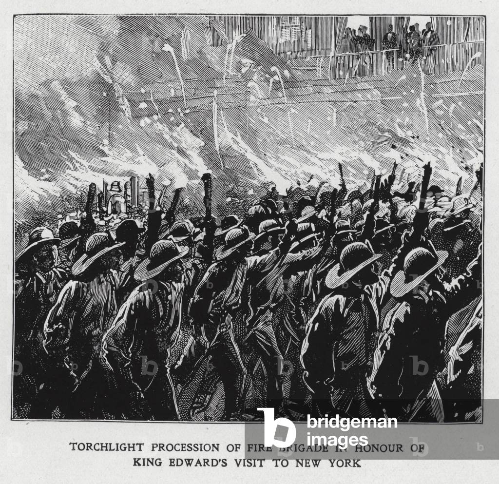 Torchlight procession of the fire brigade of New York in honour of a visit from King Edward VII, 1860 (litho)