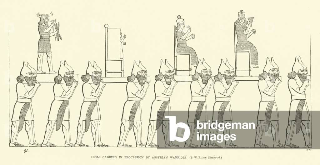 Idols carried in procession by Assyrian warriors (south-west ruins, Nimrud) (engraving)