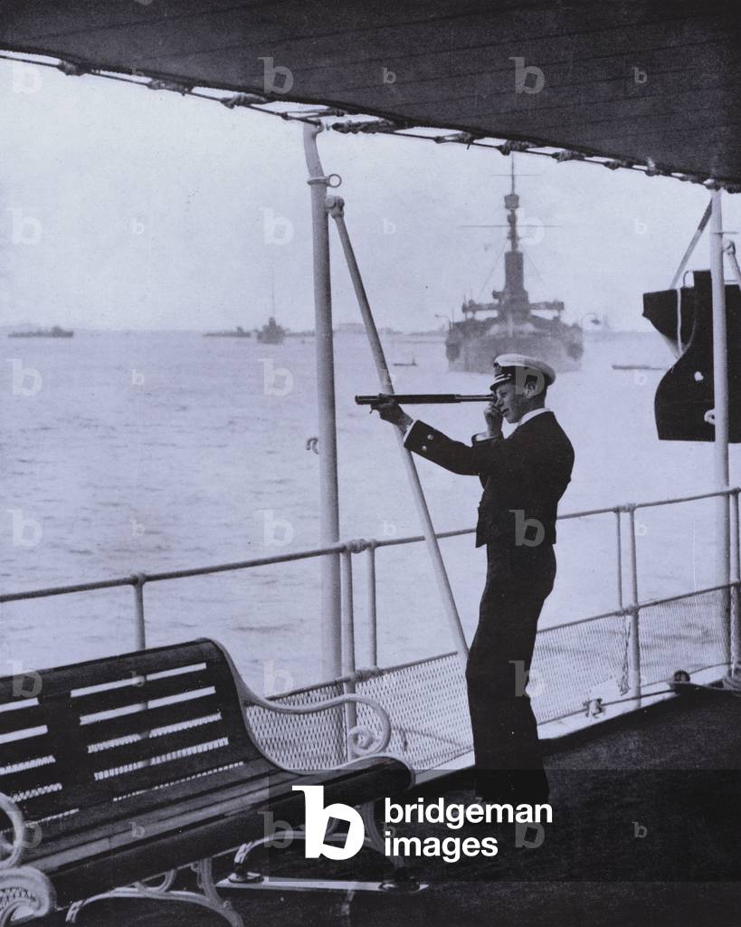 Prince Albert, the future King George VI, on board the battleship HMS Collingwood, aboard which he served during the First World War (b/w photo)
