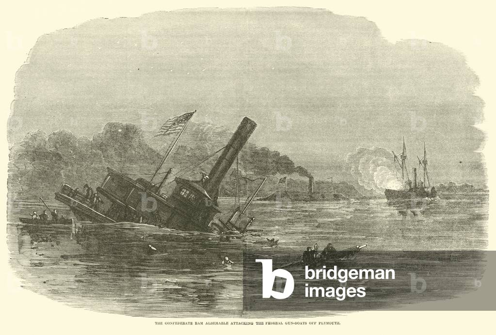 The Confederate Ram Albemarle attacking the Federal gun-boats off Plymouth, October 1864 (engraving)