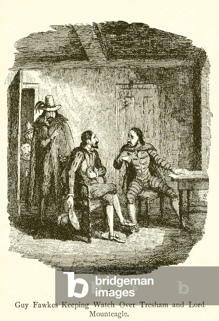 Guy Fawkes keeping watch over Tresham and Lord Mounteagle (engraving)