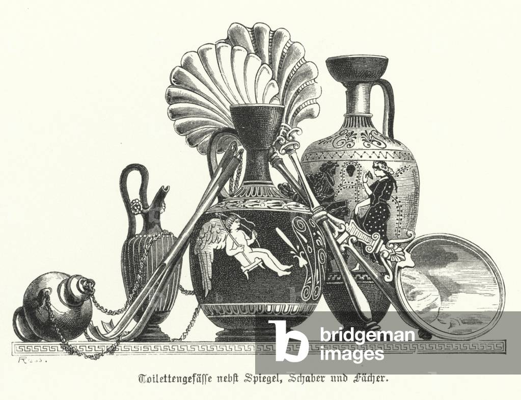 Ancient Greek toiletries vessels together with a mirror, scrapers and fans (engraving)